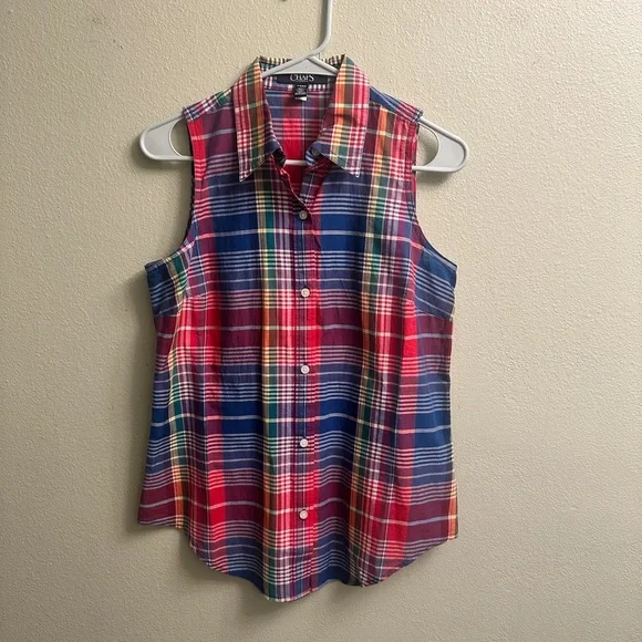 Chaps Sleeveless Button Down Vibrant Plaid Top Petite M - Picture 1 of 8